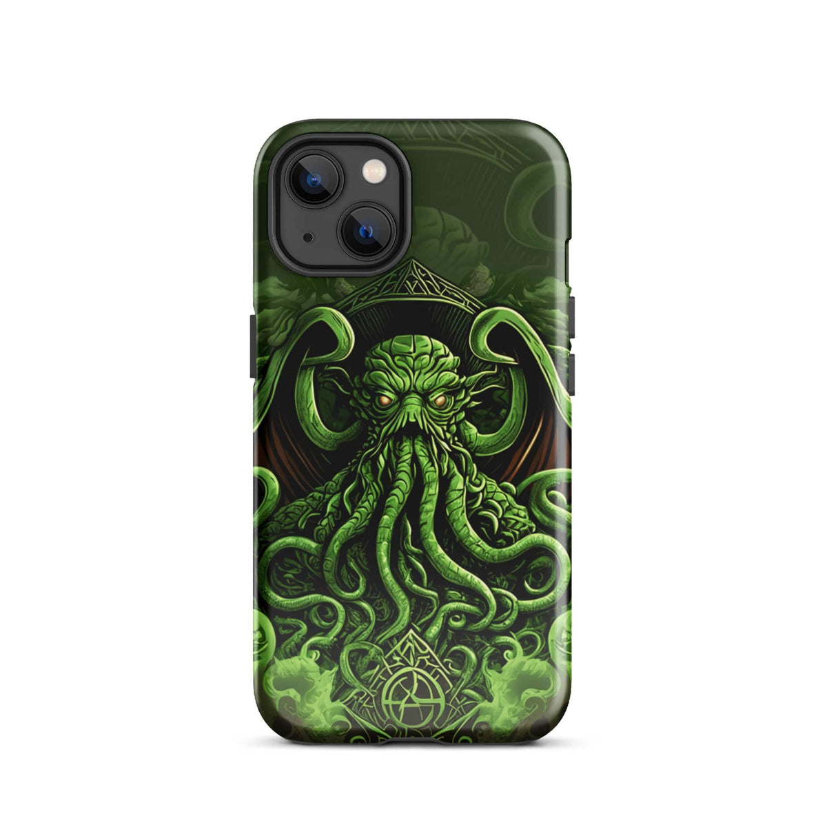 iPhone tough case with green Cthulhu octopus graphic and visible side buttons
