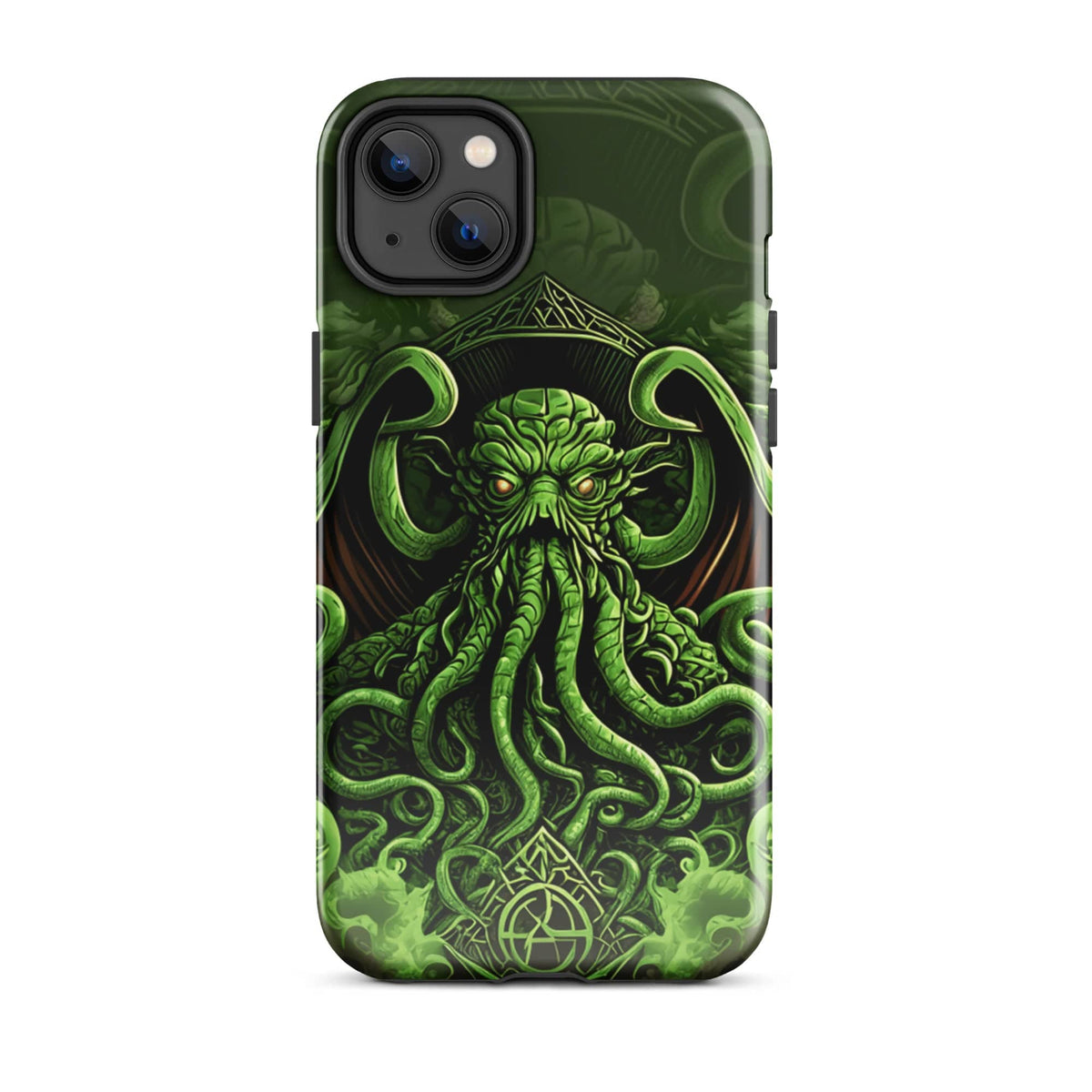 iPhone tough case with green Cthulhu octopus graphic and raised camera openings