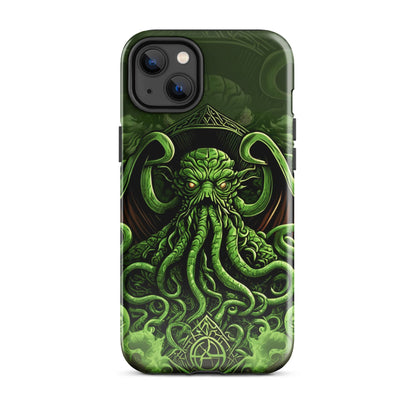 iPhone tough case with green Cthulhu octopus graphic and raised camera openings