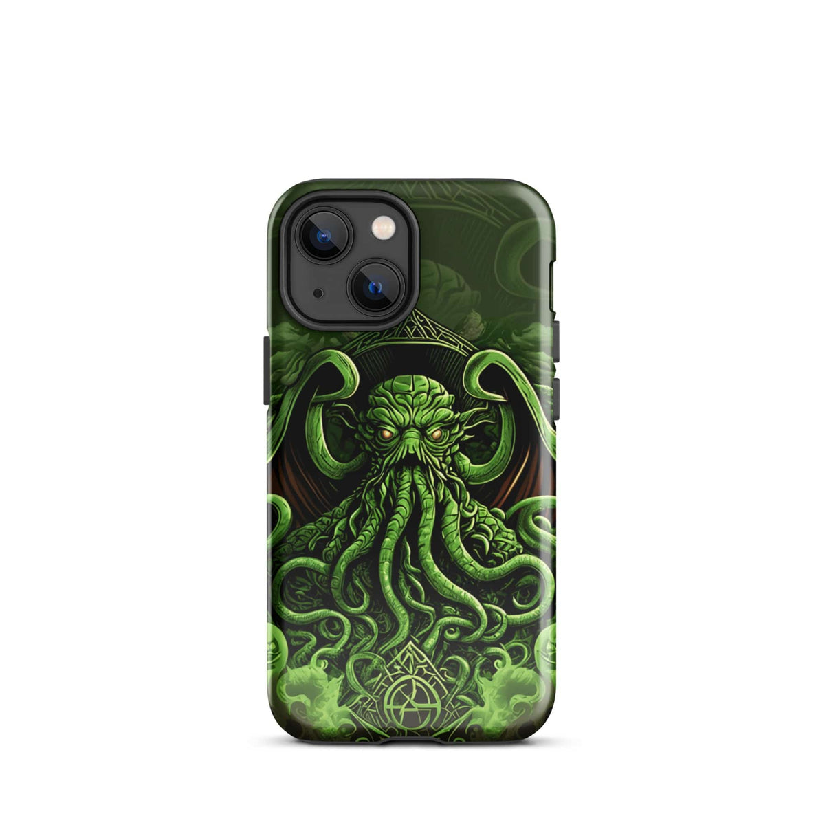 iPhone tough case with green Cthulhu octopus graphic and camera cutouts