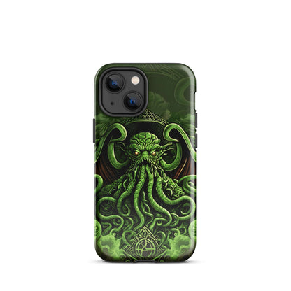 iPhone tough case with green Cthulhu octopus graphic and camera cutouts