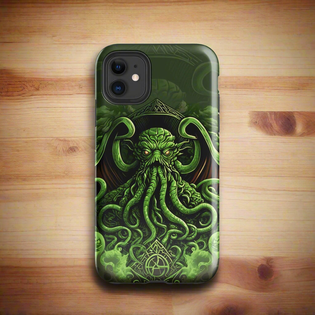 Tough phone case with Cthulhu tentacled art in dark green and neon highlights.