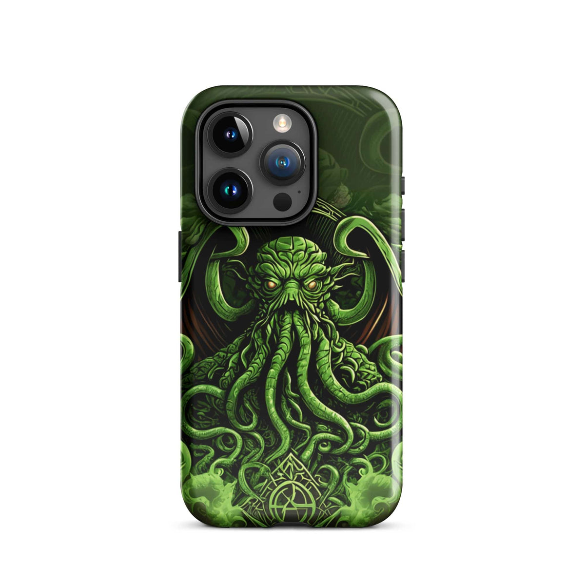 Green tough phone case with Cthulhu tentacle art and triple-lens camera cutout