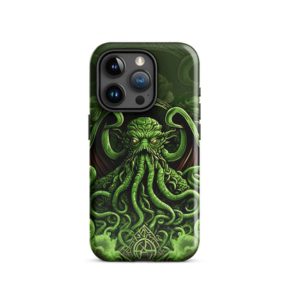 Green tough phone case with Cthulhu tentacle art and triple-lens camera cutout