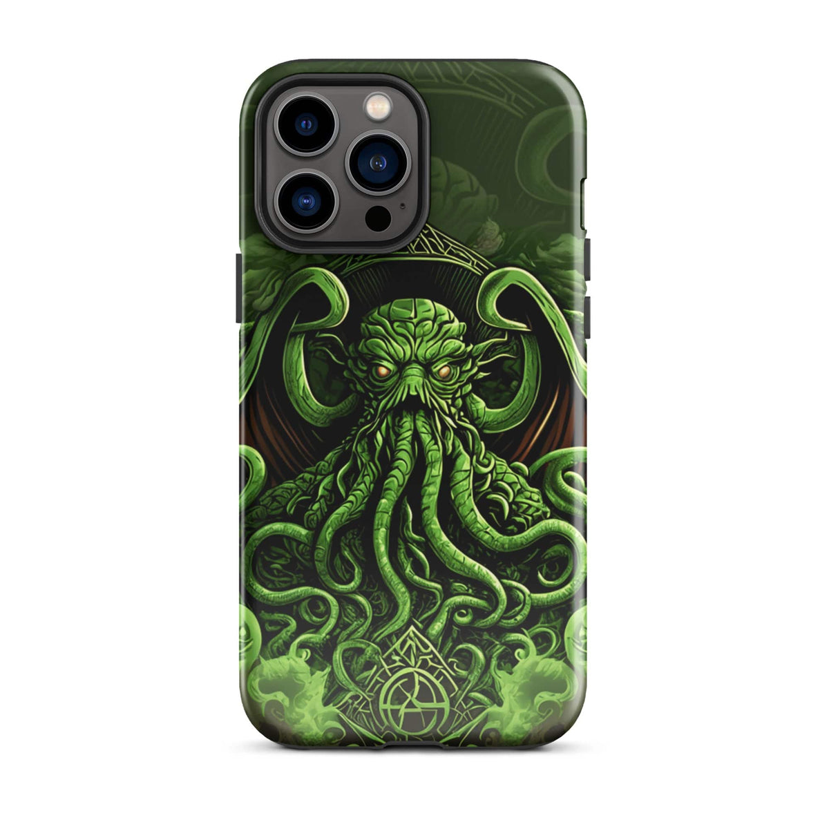 iPhone tough case with green Cthulhu octopus graphic and front camera module