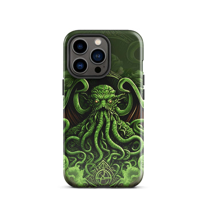 iPhone tough case with green Cthulhu octopus graphic and four-lens camera cutouts