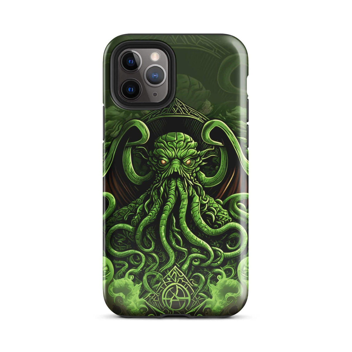 Tough phone case front view with Cthulhu tentacled art in dark green and neon highlights.