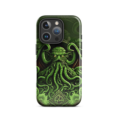 Green tough phone case with Cthulhu tentacle art and triple-lens camera cutout
