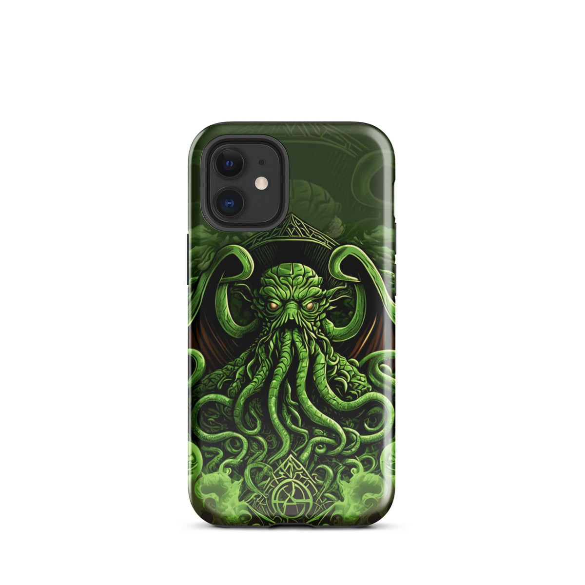 Tough phone case front view with Cthulhu tentacled artwork in dark green and neon highlights.
