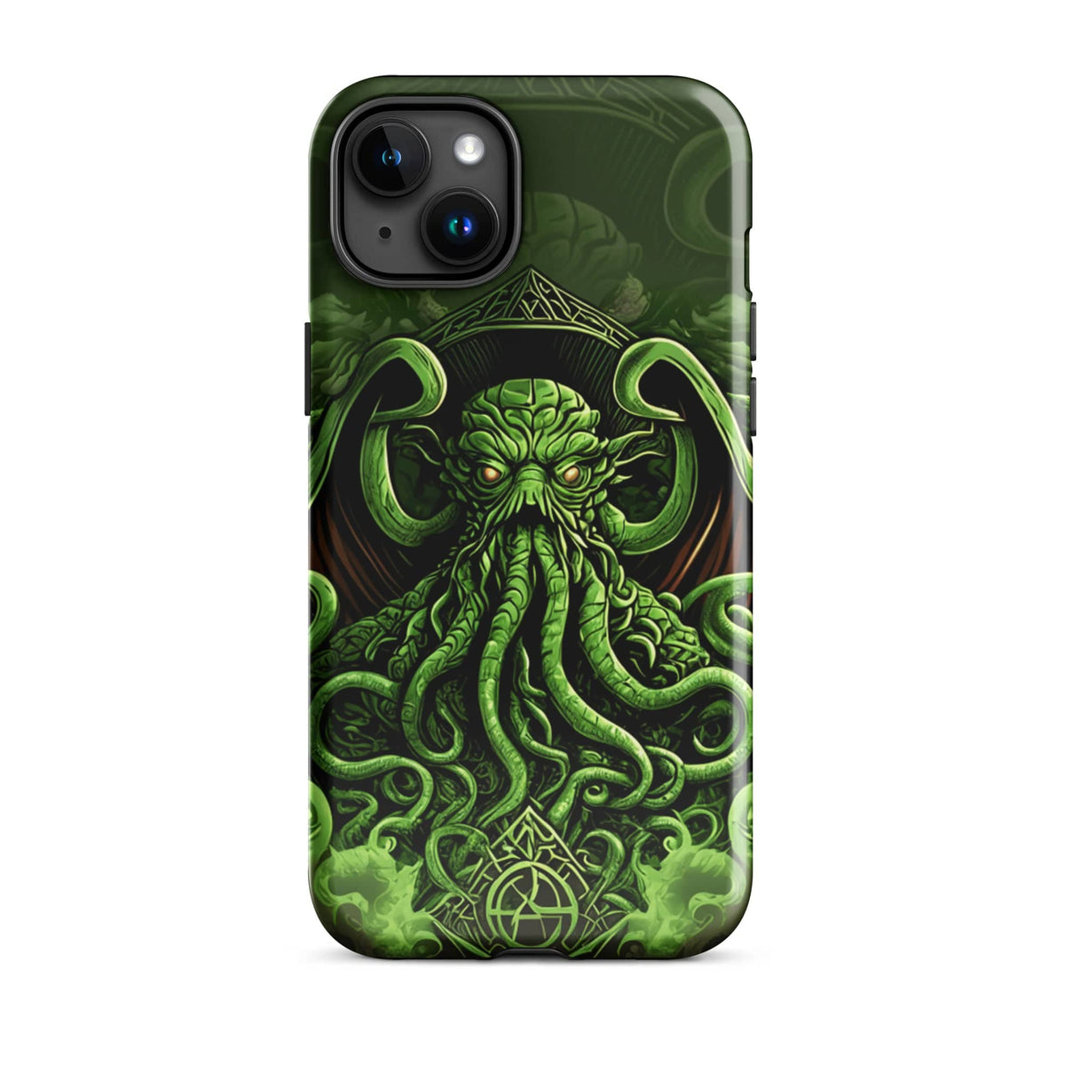 iPhone tough case with green Cthulhu octopus graphic and secure phone-fit edges