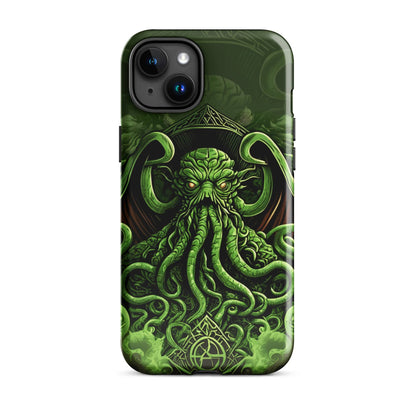 iPhone tough case with green Cthulhu octopus graphic and secure phone-fit edges