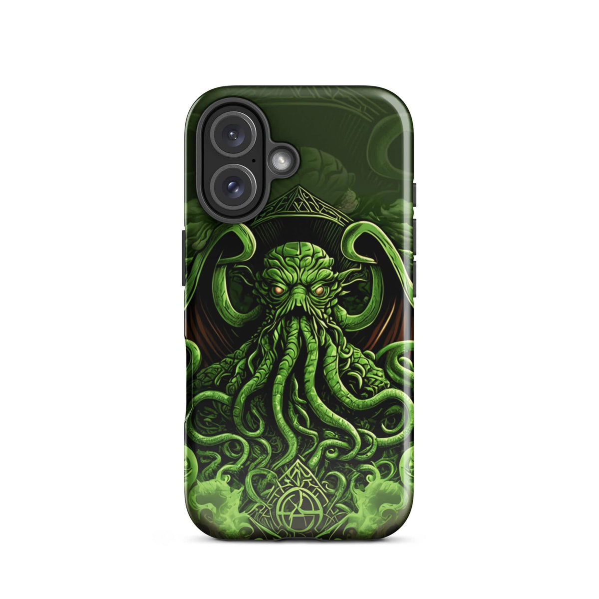 Green tough phone case with Cthulhu tentacle art and dual-lens camera cutout