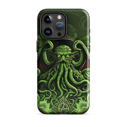 Green tough phone case with Cthulhu tentacle face art and triple-lens camera cutout