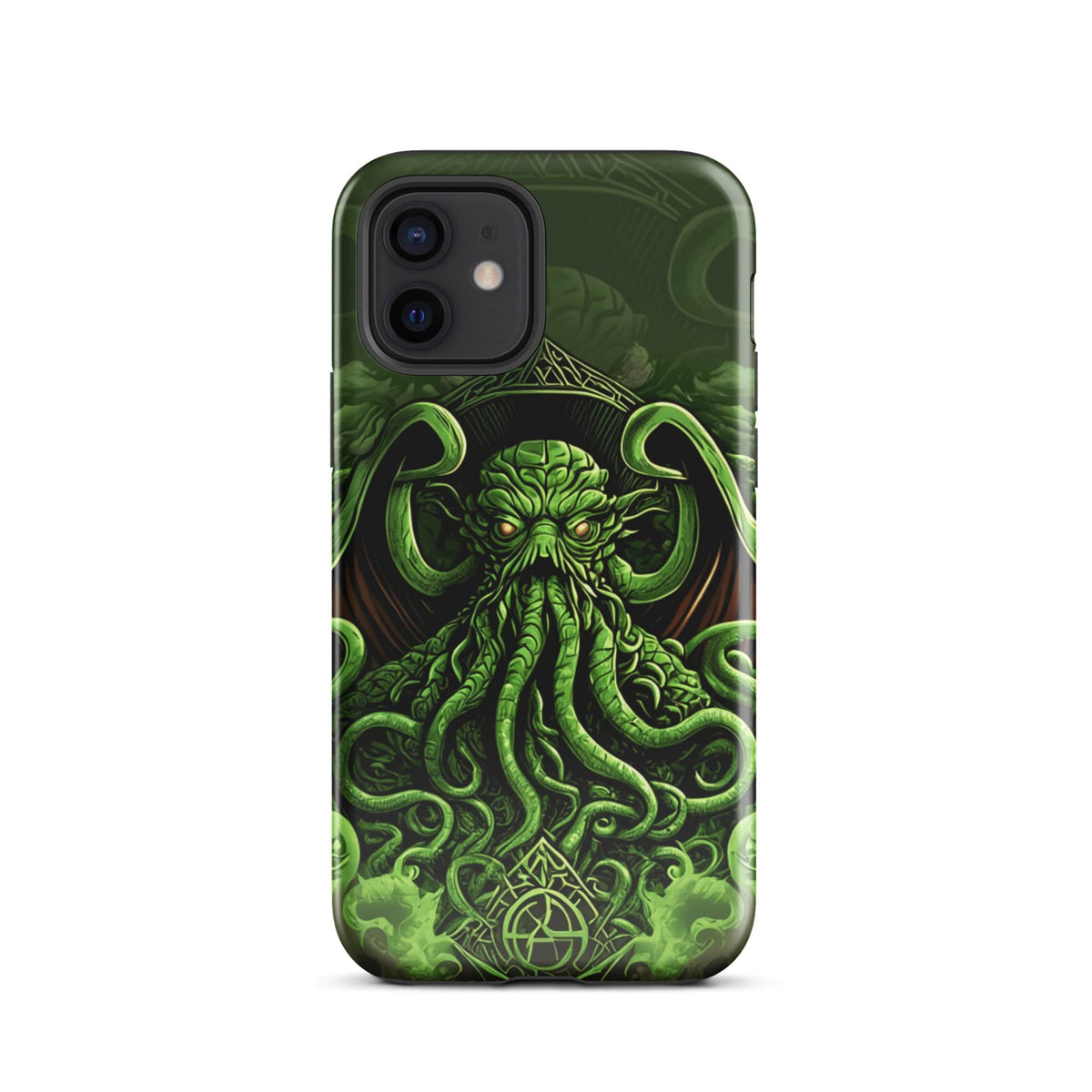 Tough phone case front view with Cthulhu tentacled art in dark green and vivid neon accents.