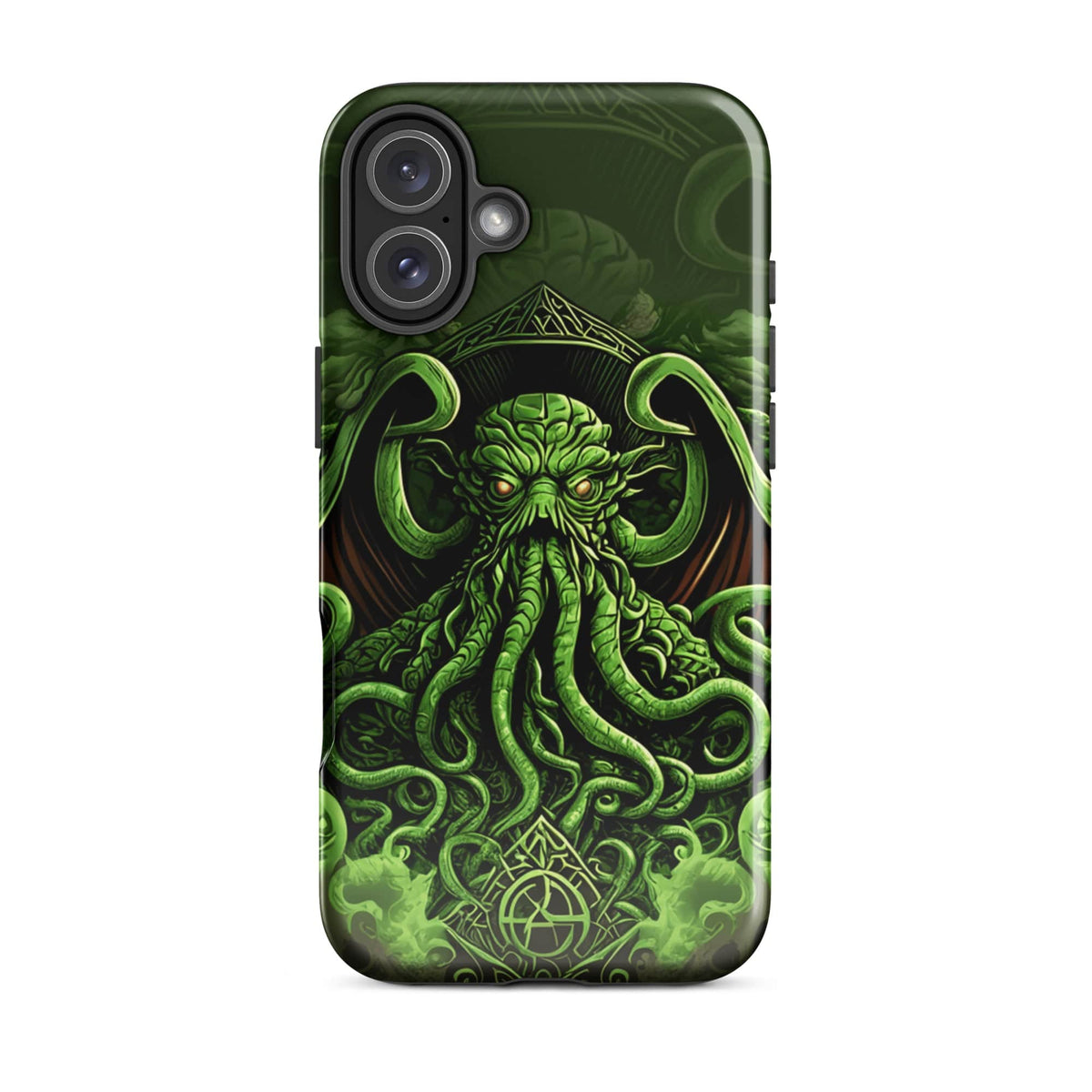 Green tough phone case with Cthulhu tentacle art and dual-lens camera cutout