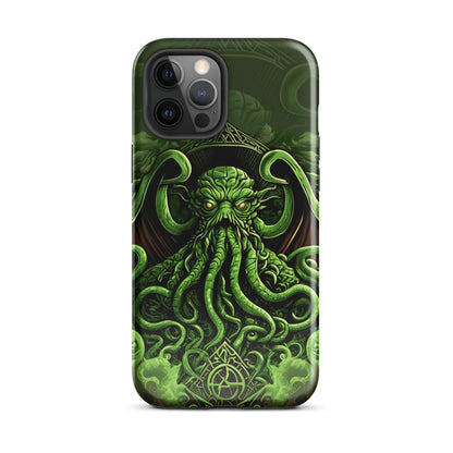 Tough phone case front view with Cthulhu tentacled art in dark green and bright neon highlights.