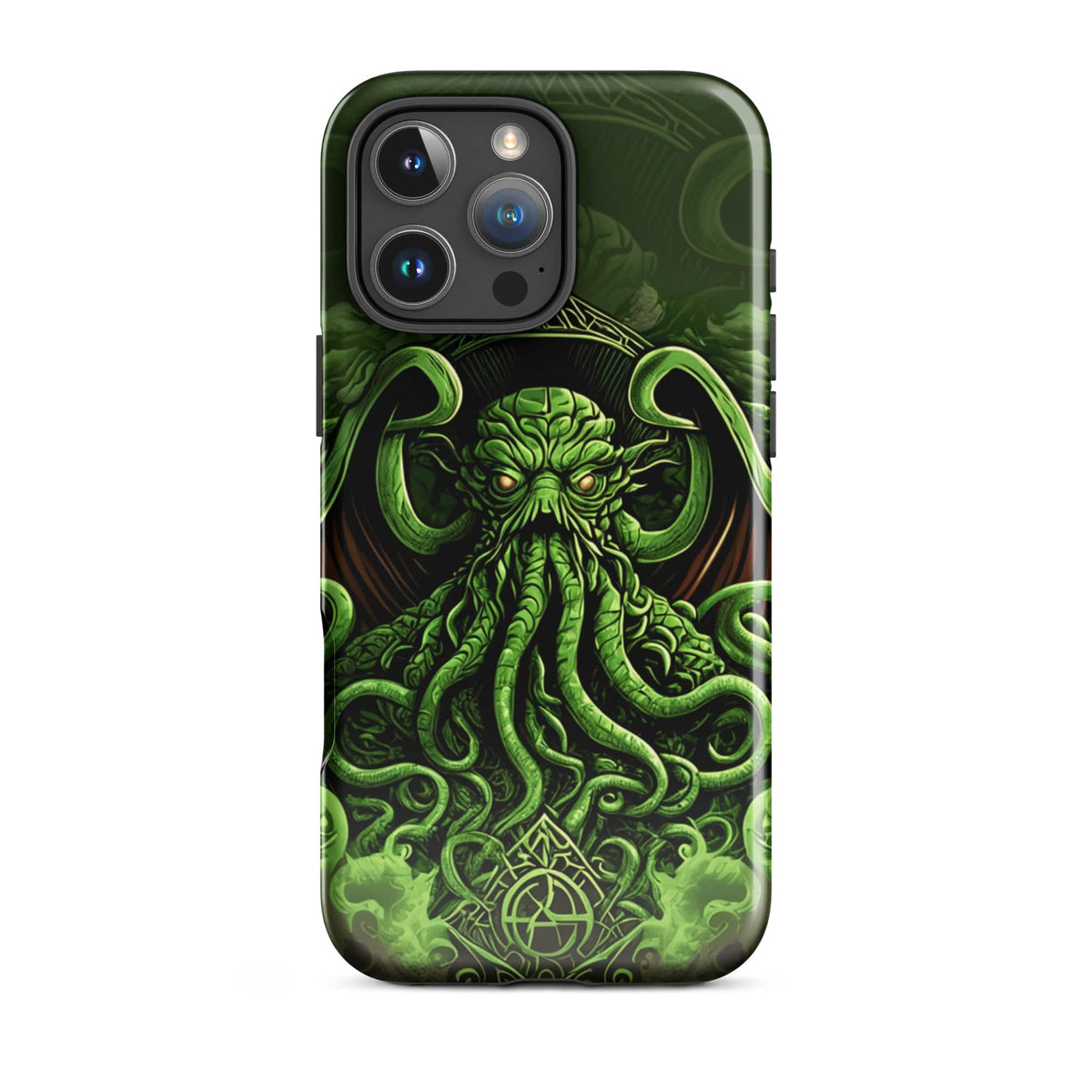 Green tough phone case with Cthulhu tentacle face art and triple-lens camera cutout
