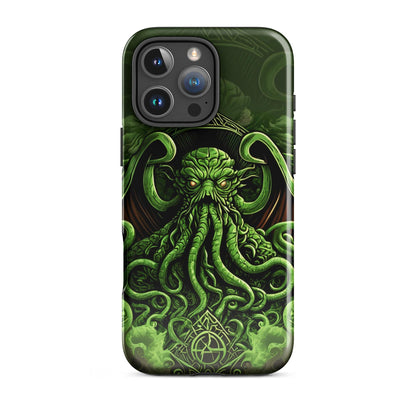 Green tough phone case with Cthulhu tentacle face art and triple-lens camera cutout