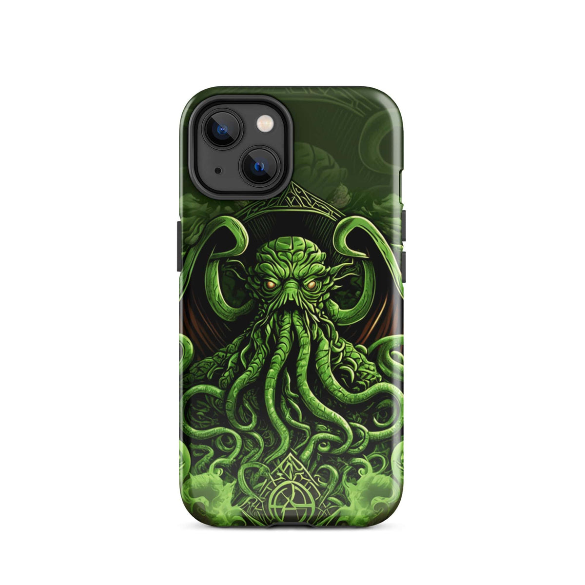 iPhone tough case with green Cthulhu octopus graphic and centered portrait layout