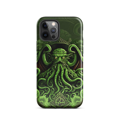 Tough phone case front view with Cthulhu tentacled art in dark green with neon glow.