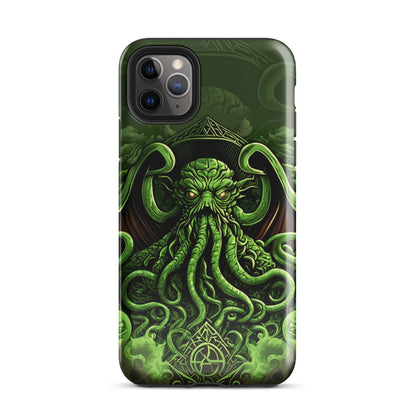 Tough phone case front view with Cthulhu tentacled art in dark green and bright accents.