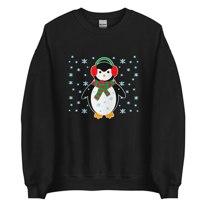Black crewneck sweatshirt with long sleeves and a penguin graphic with snowflakes