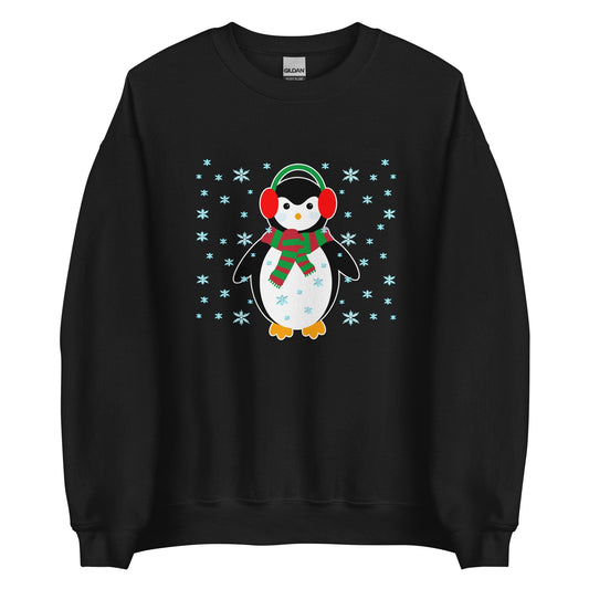 Black crewneck sweatshirt with long sleeves and a penguin graphic with snowflakes