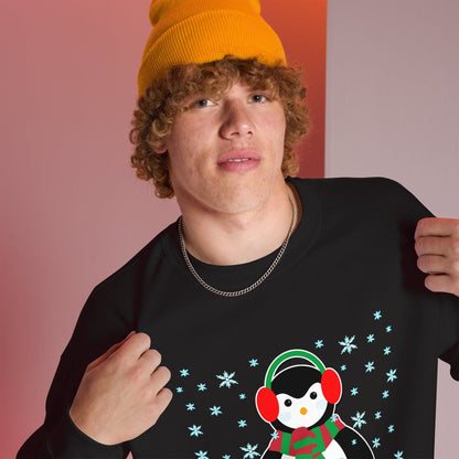 Black crewneck sweatshirt with long sleeves and a penguin graphic with snowflakes