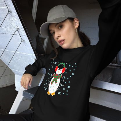 Black crewneck sweatshirt with long sleeves and a penguin graphic on the front.