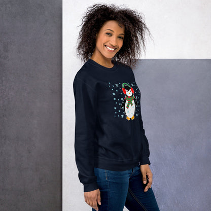 Navy crewneck sweatshirt with long sleeves and a penguin graphic with snowflakes