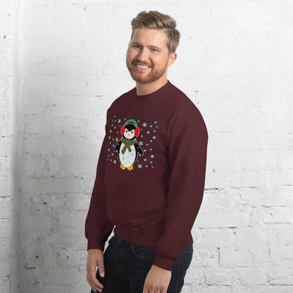 Maroon crewneck sweatshirt with long sleeves and a penguin graphic with snowflakes