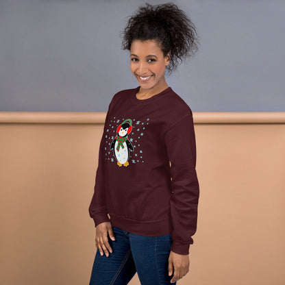 Maroon crewneck sweatshirt with long sleeves and a penguin graphic across the chest.