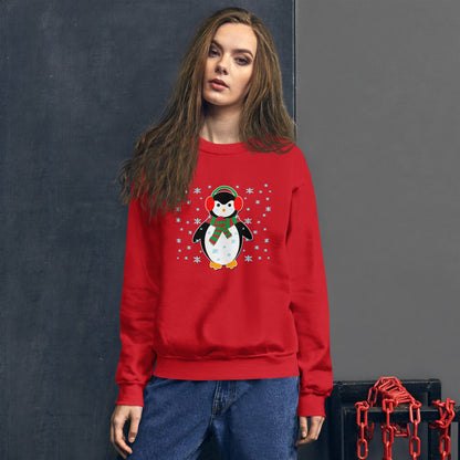 Red crewneck sweatshirt with long sleeves and a penguin graphic with snowflakes