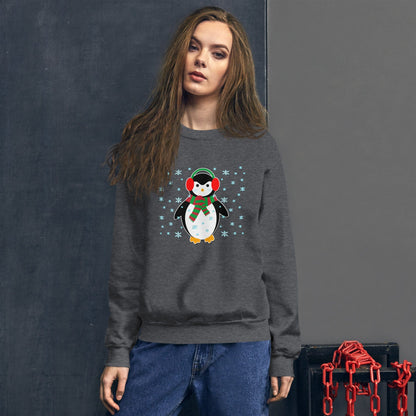 Dark heather gray crewneck sweatshirt with long sleeves and a penguin graphic on the chest.