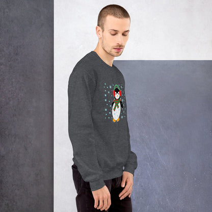 Dark gray sweatshirt with long sleeves and a colorful penguin graphic on the chest.