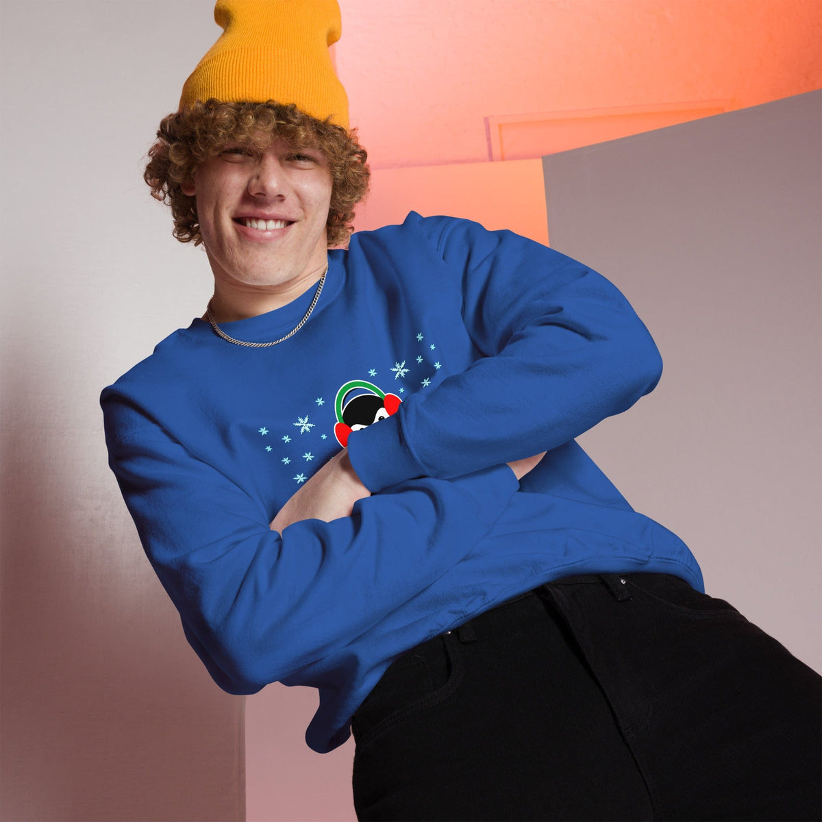 Royal blue sweatshirt with penguin graphic, crewneck, long sleeves