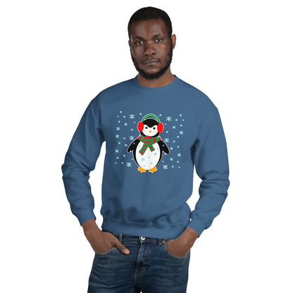 Blue crewneck sweatshirt with long sleeves and a penguin graphic with snowflakes
