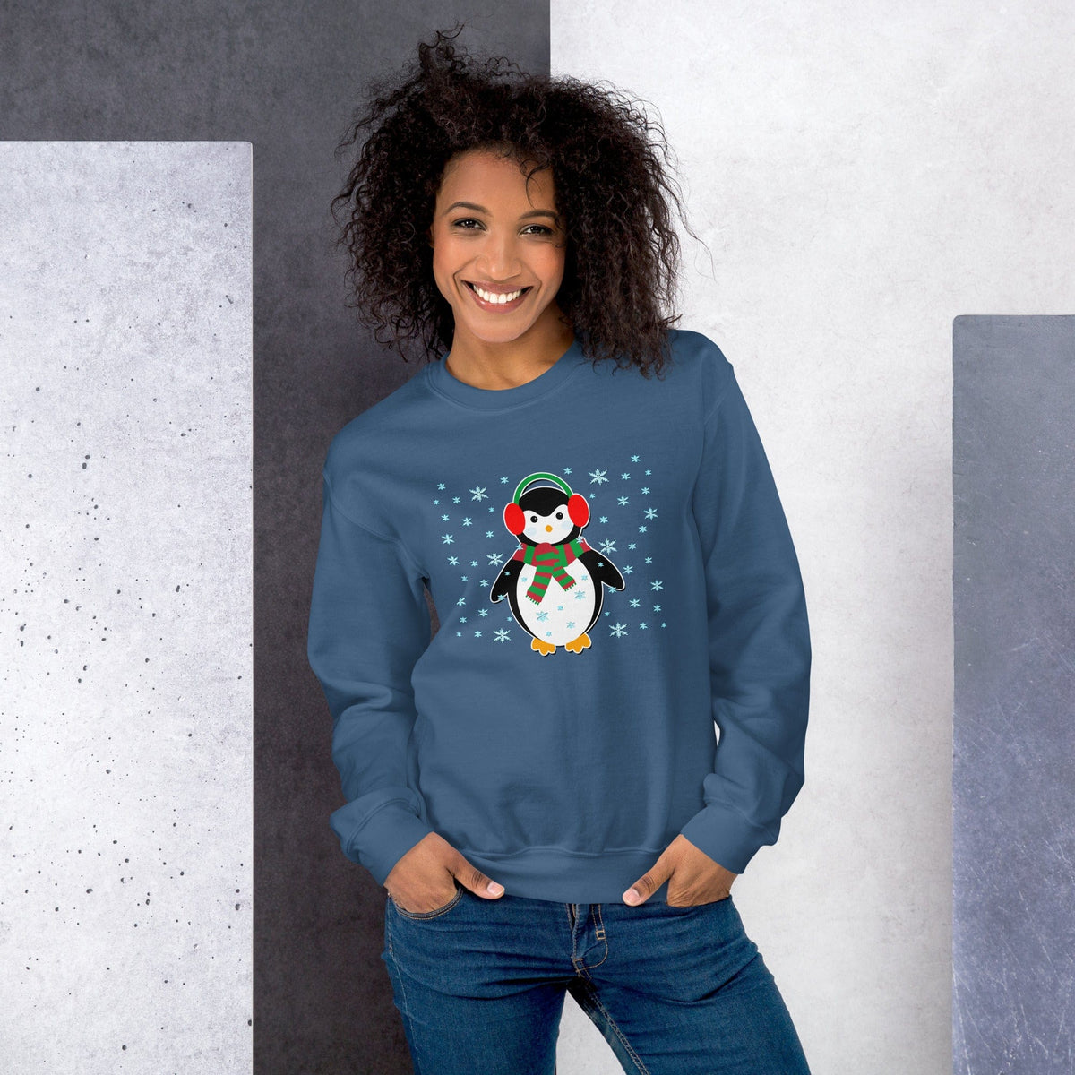 Blue sweatshirt with penguin graphic, crewneck, long sleeves