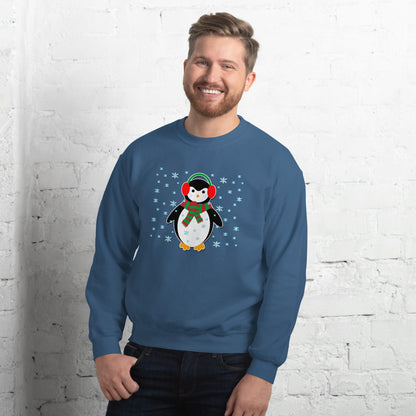 Blue sweatshirt with long sleeves featuring a cute penguin graphic with snowflake accents.