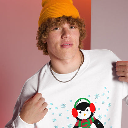 White sweatshirt with long sleeves and a colorful penguin graphic with blue snowflakes.