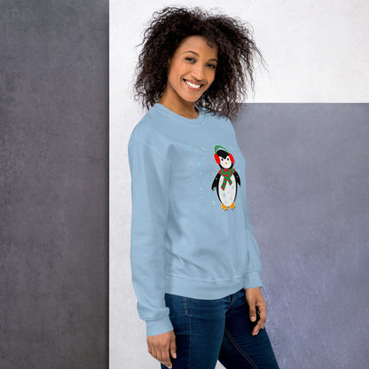 Light blue sweatshirt with penguin graphic, crewneck, long sleeves