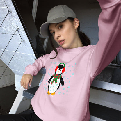 Light pink sweatshirt with long sleeves and a colorful penguin graphic on the front.