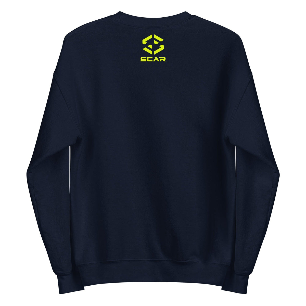 Dark navy sweatshirt back with yellow SCAR logo, crewneck, long sleeves