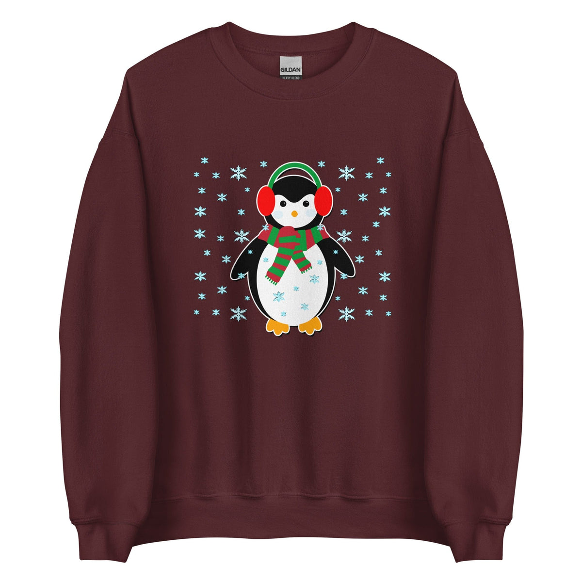 Maroon sweatshirt with penguin graphic, crewneck, long sleeves