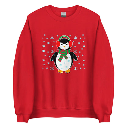 Red crewneck sweatshirt with cute penguin holiday graphic, long sleeves