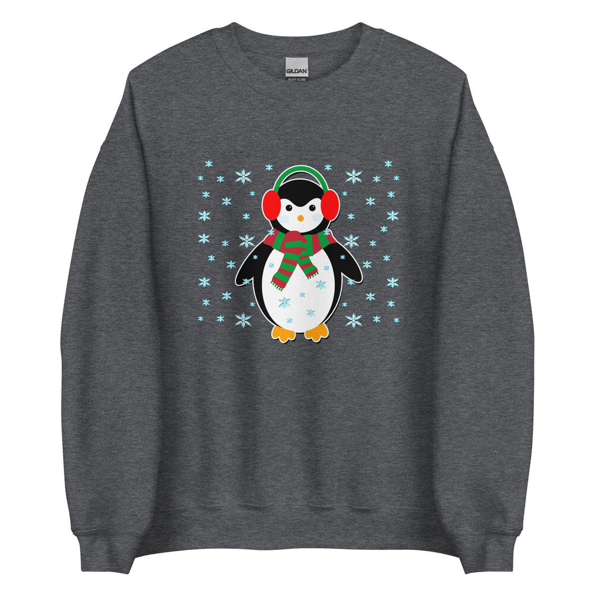 Dark gray crewneck sweatshirt with cute penguin holiday graphic, long sleeves