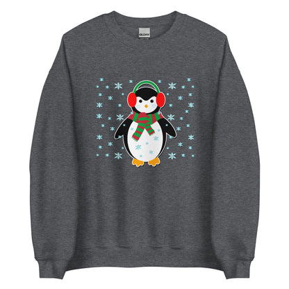 Dark gray crewneck sweatshirt with cute penguin holiday graphic, long sleeves