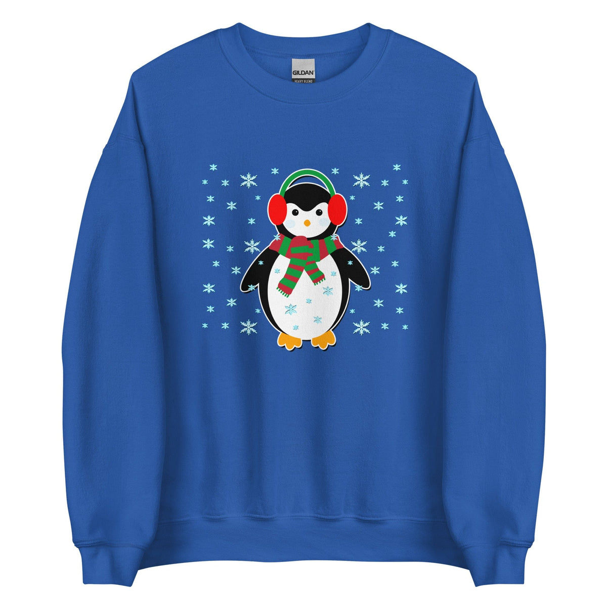 Royal blue crewneck sweatshirt with cute penguin holiday graphic, long sleeves