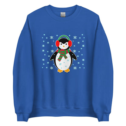 Royal blue crewneck sweatshirt with cute penguin holiday graphic, long sleeves