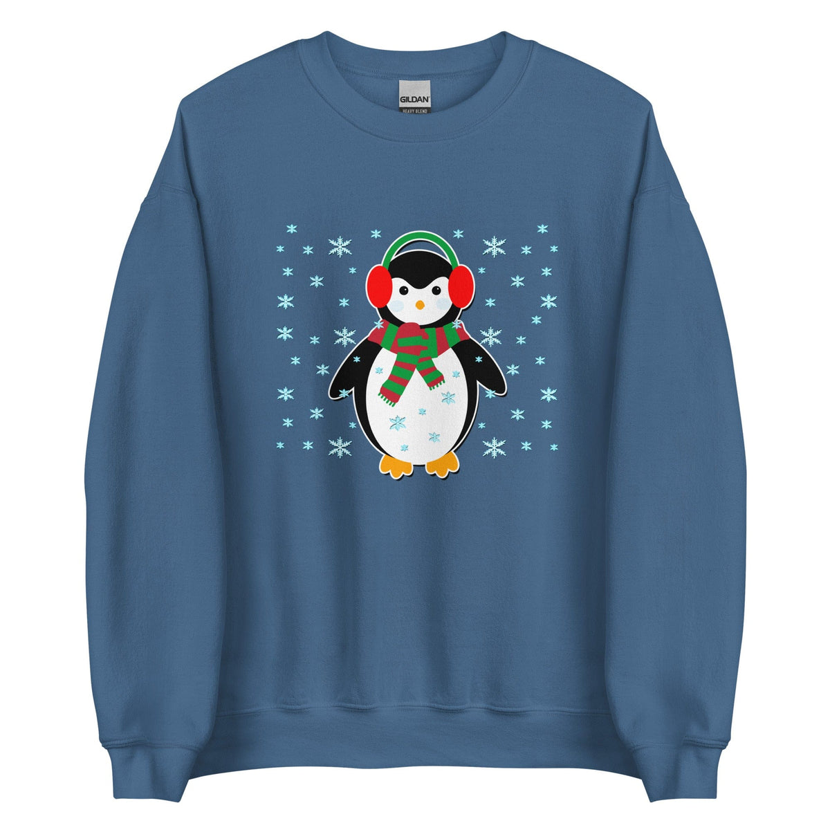 Blue crewneck sweatshirt with cute penguin holiday graphic, long sleeves